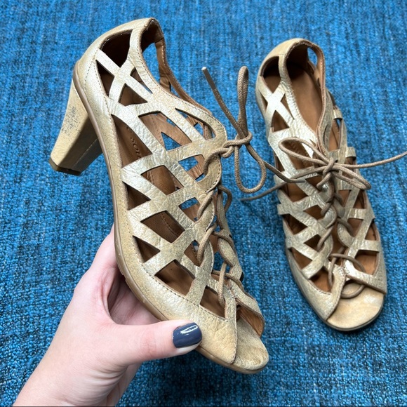 gentle souls Shoes - Gentle Souls Okey Dokey Metallic Gold Leather Cutout Heeled Sandals